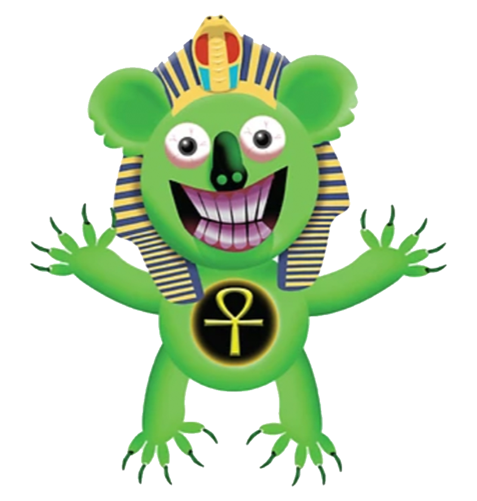 a pharaoh looking koala with an Egyptian Ankh symbol on his belly